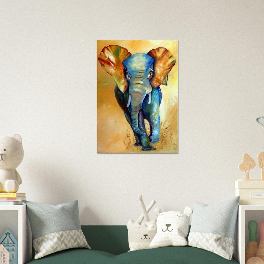 Wait For Me: Wall Decor Canvas Print Painting of a Young Elephant Exploring the World