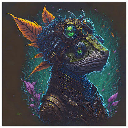 Jeddiah Cham: Canvas print of a cool steampunk chameleon with glasses and headphones