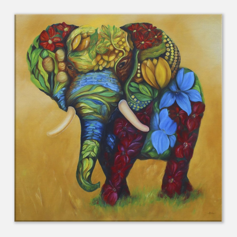 Happy Flower Elephant, 70er Jahre Leinwanddruck, Kunstliebhaber Geschenk