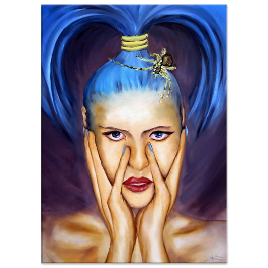 Arachno Phantasy, Portrait einer Frau mit blauen Haaren mit Spinne