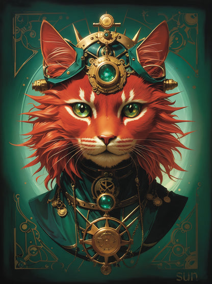 Leinwanddruck "Sunfire Feline"  Tarot Stempunk Katze Sonne