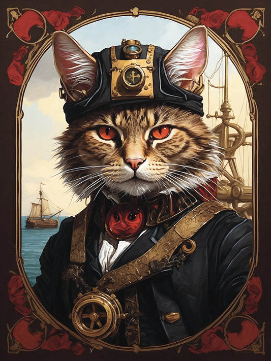 Canvas print "Sir Purrington Gearfur" Stempunk Pirate Cat in red